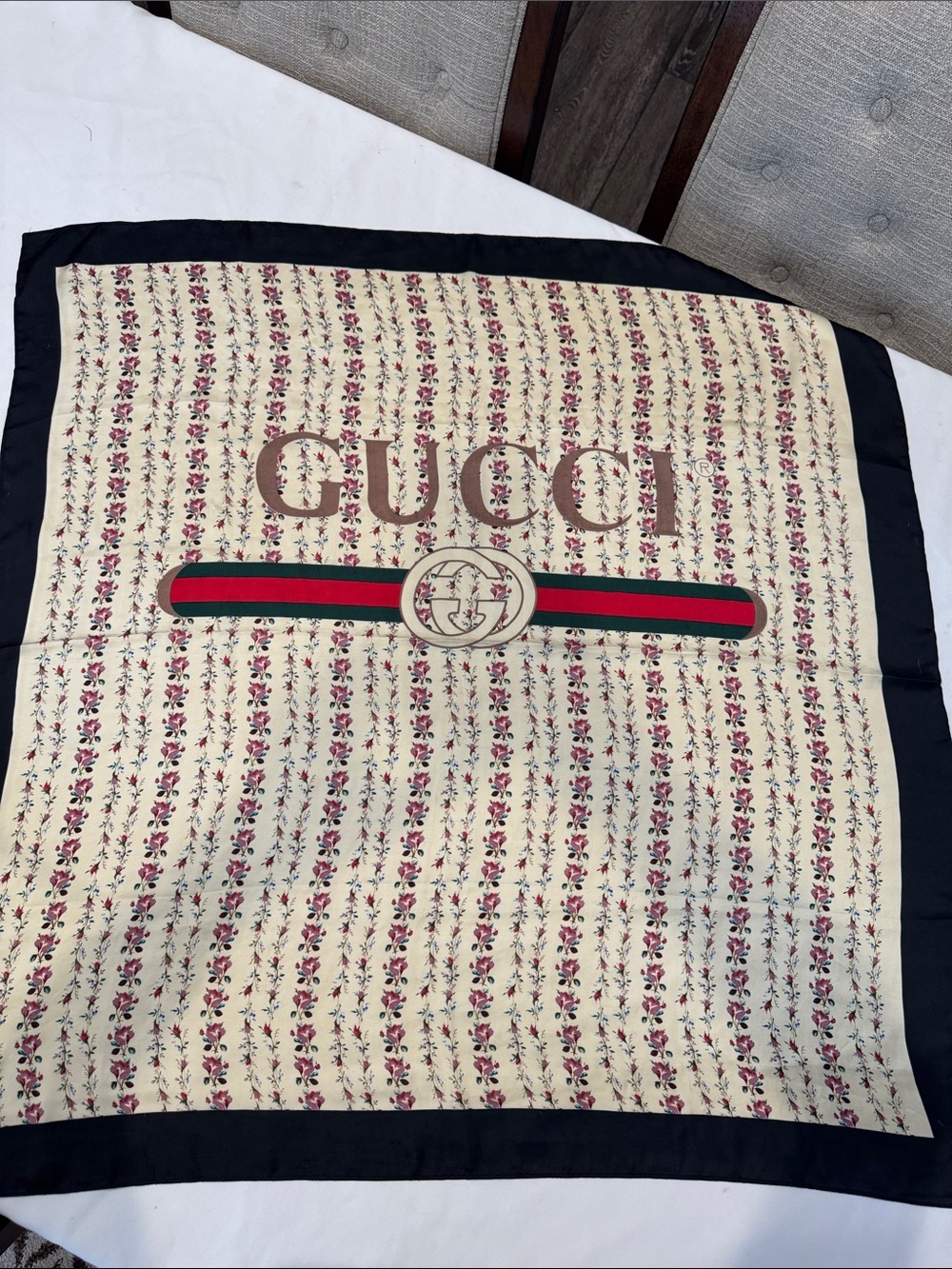 Authentic Gucci Cream Floral Logo Silk Scarf